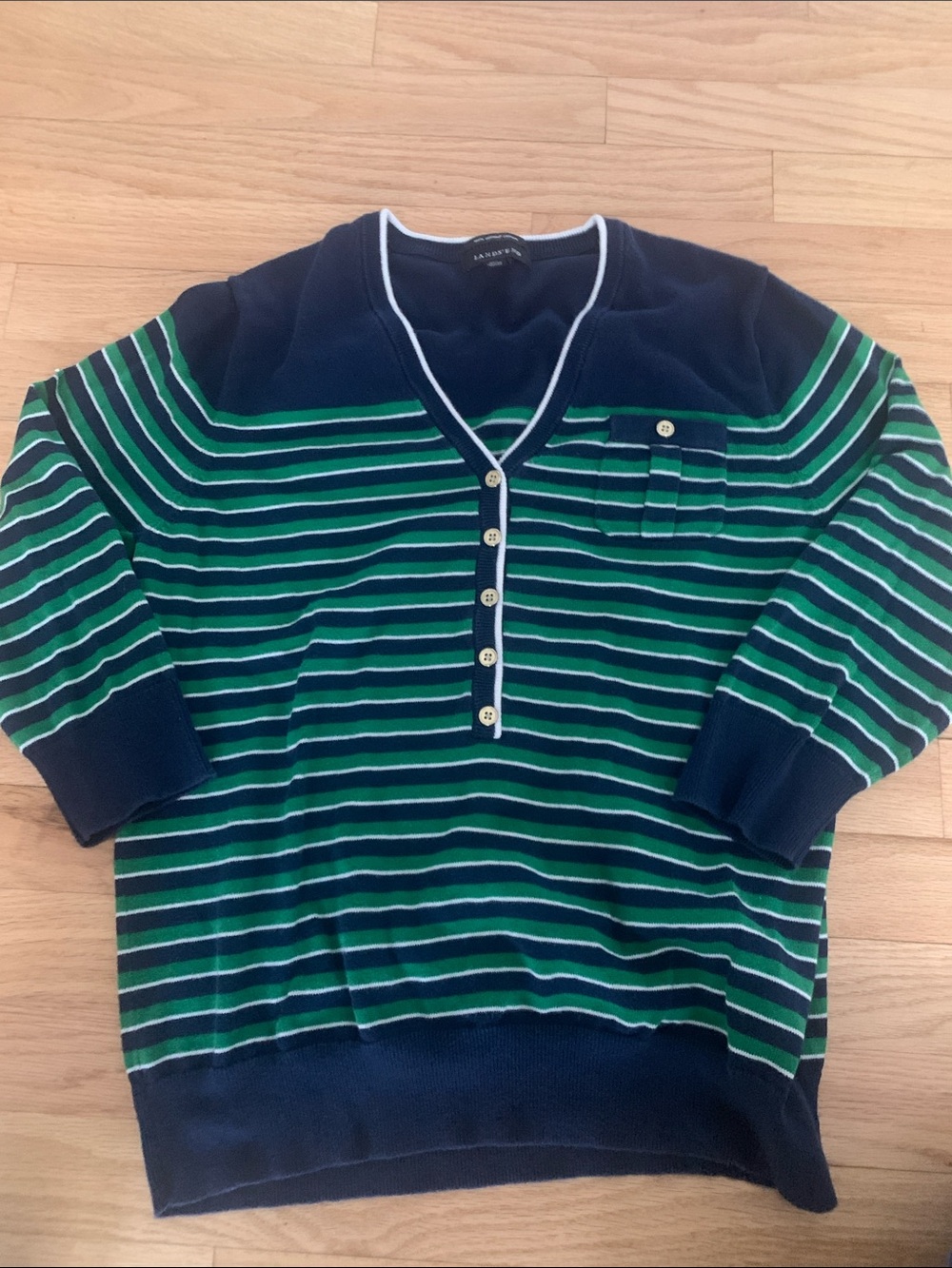 Lands' End Navy, Green & White Striped V‑Neck Henley Sweater